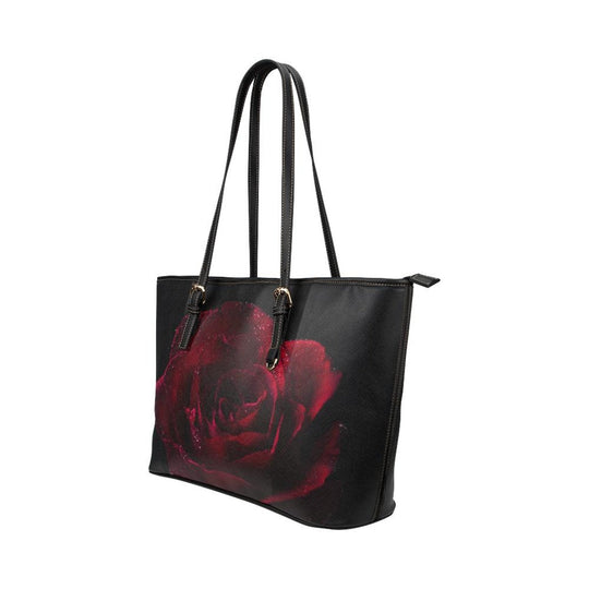 Large Leather Tote Shoulder Bag - Black and Red Stem Rose Illustration