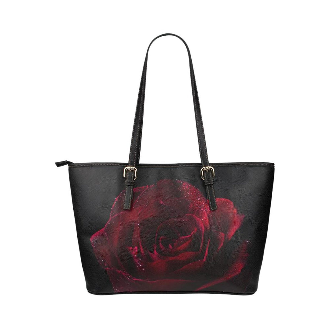 Large Leather Tote Shoulder Bag - Black and Red Stem Rose Illustration