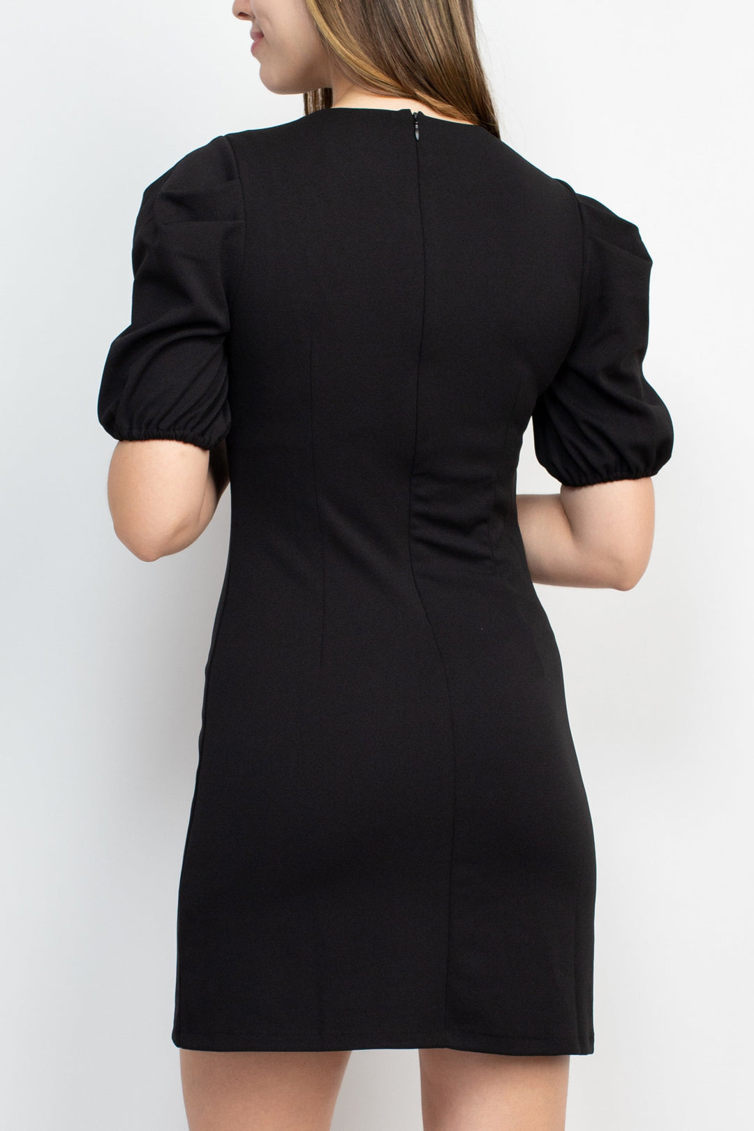 Sage Collective Crew Neck Short Puff Sleeve Hidden Zipper Back Scuba Crepe Dress-2
