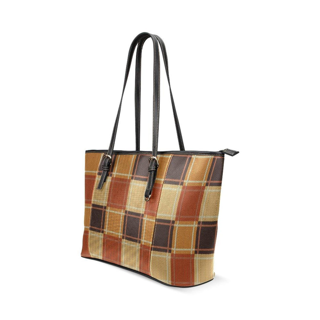 Large Leather Tote Shoulder Bag - Mini Brown Checkered Illustration