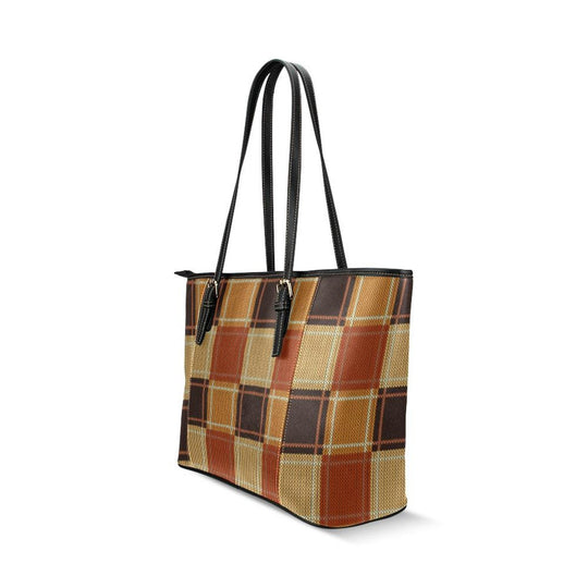 Large Leather Tote Shoulder Bag - Mini Brown Checkered Illustration