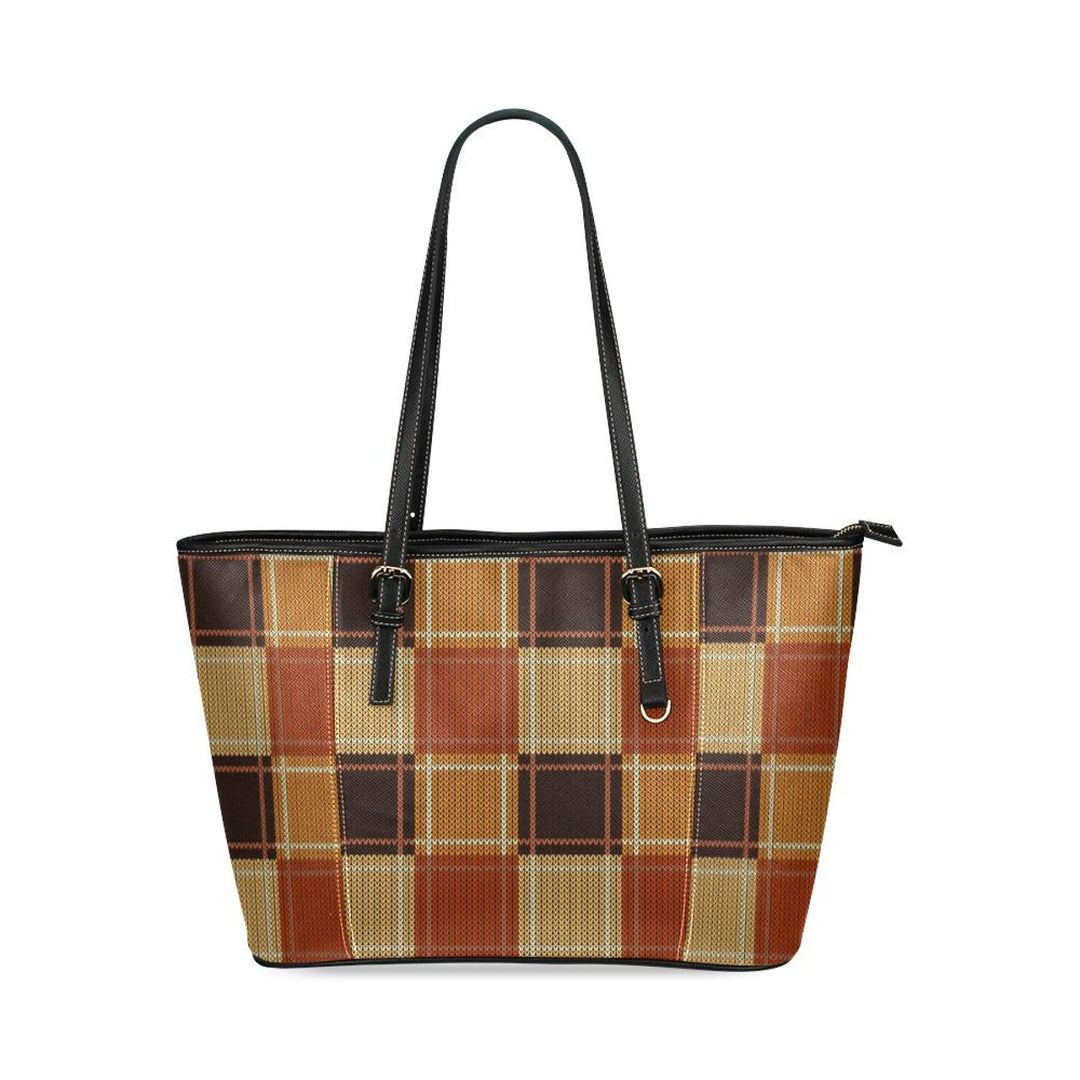 Large Leather Tote Shoulder Bag - Mini Brown Checkered Illustration