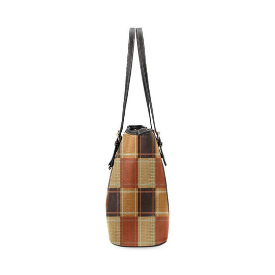 Large Leather Tote Shoulder Bag - Mini Brown Checkered Illustration