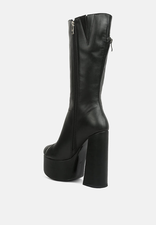 Tzar Faux Leather High Heeled Platfrom Calf Boots-2