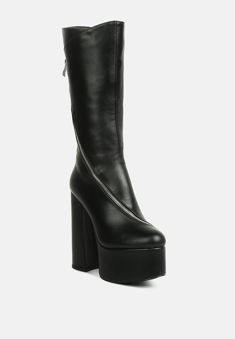 Tzar Faux Leather High Heeled Platfrom Calf Boots-1