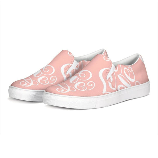 Womens Sneakers - Pink And White Love Print Low Top Slip-on Canvas