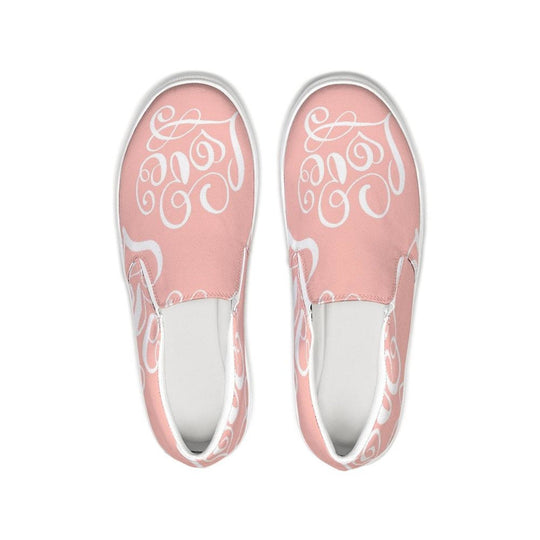 Womens Sneakers - Pink And White Love Print Low Top Slip-on Canvas